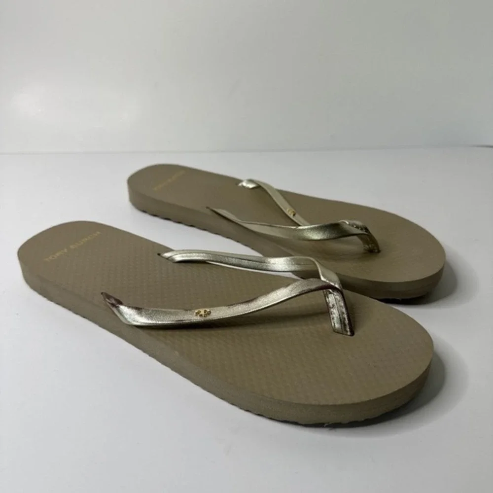 Tory Burch Women's Size 7M Logo Leather‎ Metallic Flip Flops TORY BURCH